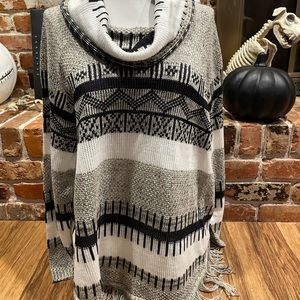 Black and Cream Cowl Neck Fringe Sweater
